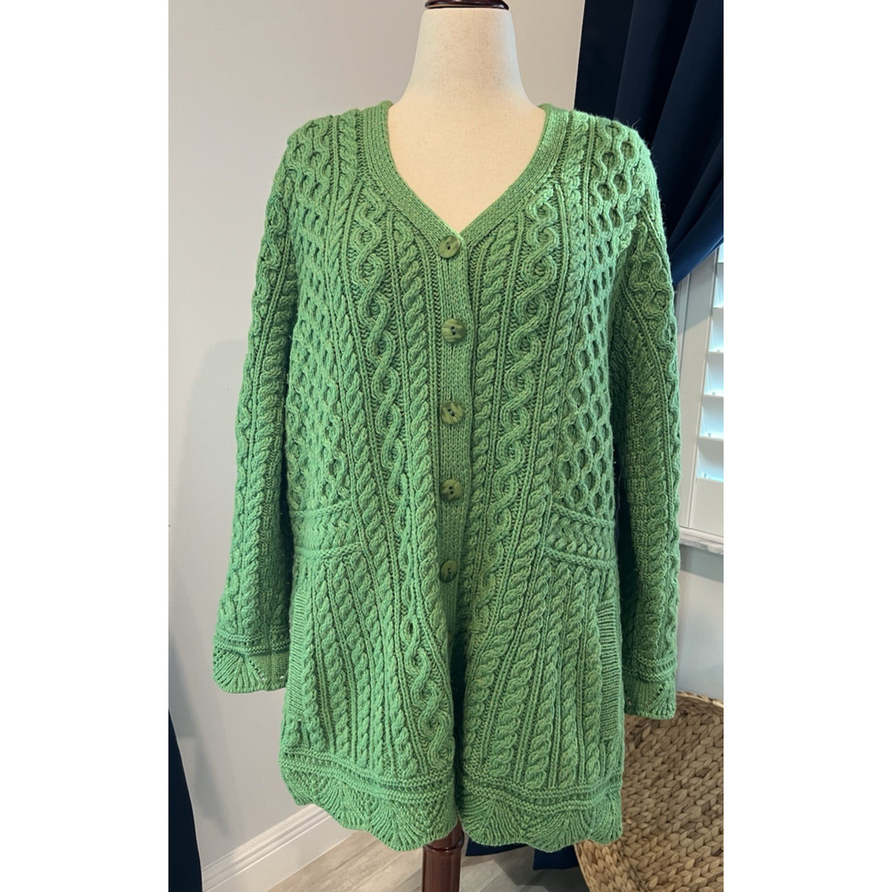 ARAN CRAFTS Sweater Cardigan Womens XL Green MERINO WOOL Cable Knit Ireland